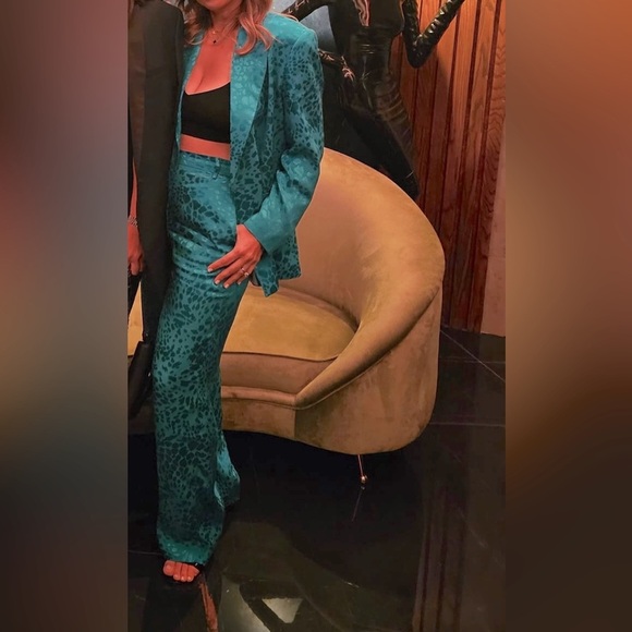 ZARA PANT SUIT - TURQUOISE JACQUARD BLAZER SIZE S & WIDE LEG JACQUARD PANTS SZ M - Picture 14 of 14